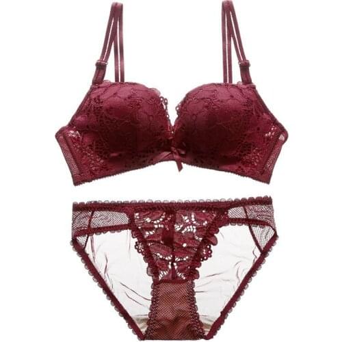 Sexy Padded Coaster No Trace No Steel Ring Gathered Bra Panties Set Lace Solid Color Underwear Bra Set