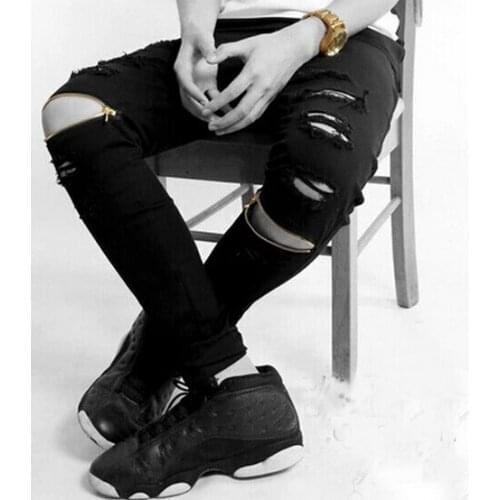 Mens ripped biker jeans Distressed skinny jeans for men Kanye west Jogger pants white blac 2021 new men jeans with knee zipper