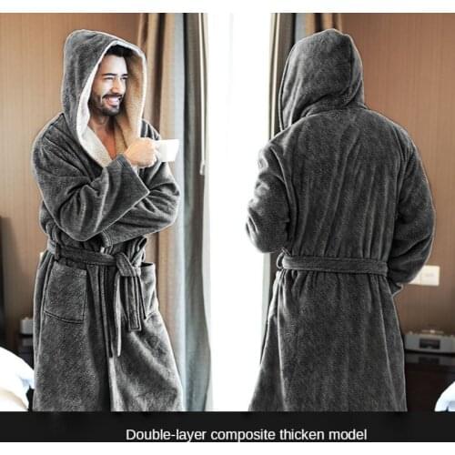 Fashion New Home Mens Pajamas Fall/Winter Thick Coral Fleece Nightgown Double-layer Hooded Mens Bathrobe Morning Gown