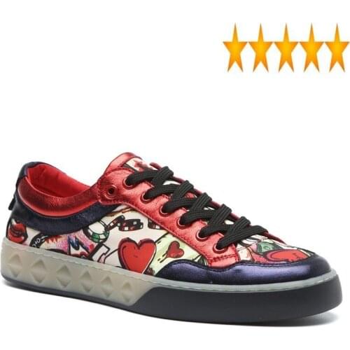 Sheepskin Fashion Printed Mens Graffiti Real Leather Flats Casual 2021 New Man Round Toe Lace Up Trainers Sneakers Shoes