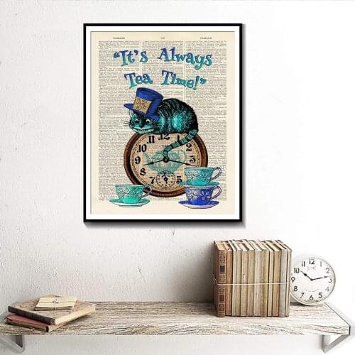 Canvas Painting Its Always Tea Time Dictionary Art Painting Alice In Wonderland Cat Home Decoration Posters and Prints Cuadros