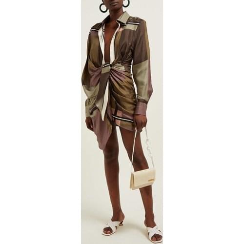 Y2k Dress 2021 Spring and Autumn Personality Semi-open Top Geometric Pattern Deep V Tied Asymmetric Shirt Dress