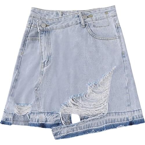 Irregular Denim Skirts Short Skirts For Women In Summer High Waists Show Slim A-line Light Color With Holes In Them