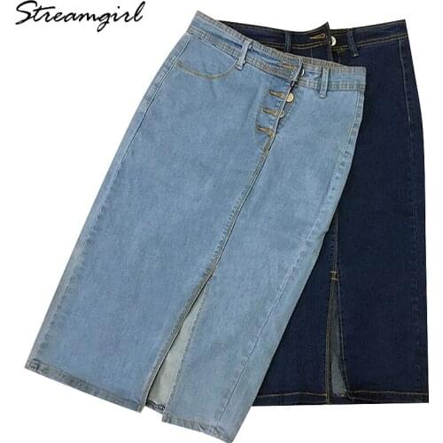 Streamgirl Denim Skirt Midi High Waist Women Office Bodycon Jean Skirt With Buttons In Front Women Office Skirts Womens 2020