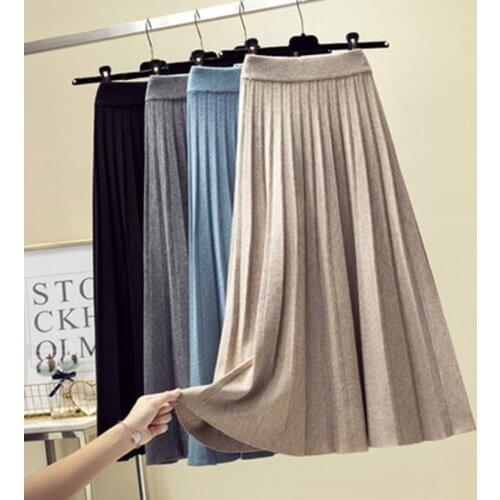 2021 New Autumn And Winter Ladies High Waist Knitted Skirts Fashion A-Line Pleated Sweater for Women Long Mujer Faldas