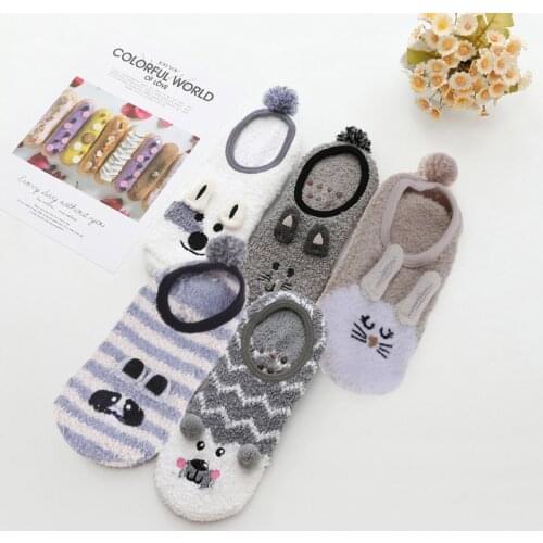 1Pair Lady Winter Fuzzy Warm Slipper Floor Socks Cute Cartoon Animal Embroidery Coral Velvet Hoisery Footlet Sock Warmer