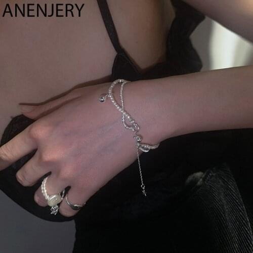 ANENJERY 925 Sterling Silver Double Layer Pearl Shiny Chain Bracelet For Women Simple Temperament Womens Jewelry