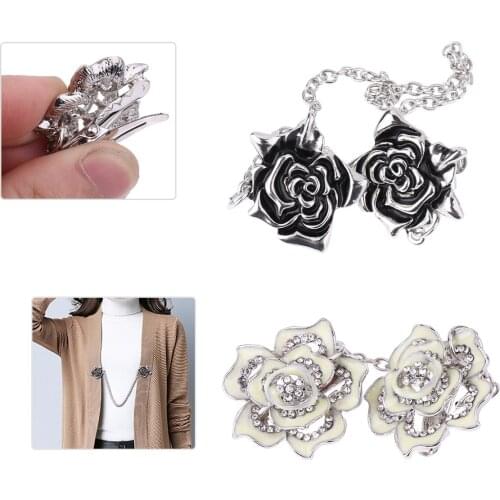 Womens Sweater Cardigan Clip Vintage Flower Safty Pins Shawl Shirt Collar Holder Metal Crystal Clasps Brooch DIY Alligator Pin