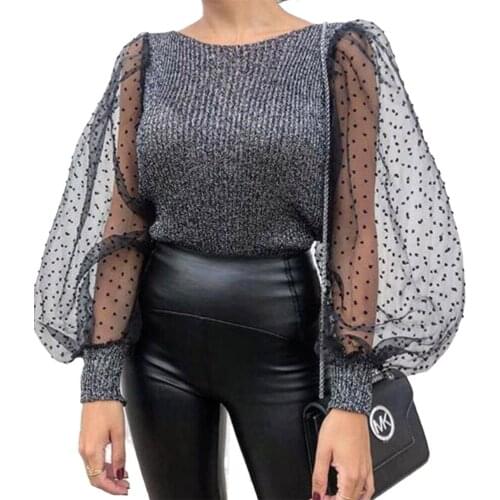 Womens Puff Sleeve Sweater Knit Stitching Organza Top Solid Color Round Neck Sweater Womens Long Sleeve Pullover