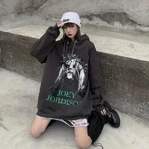 Womens autumn and winter loose hooded chain sweater sweatshirt coat Korean Harajuku style cartoon print plus velvet hoody top
