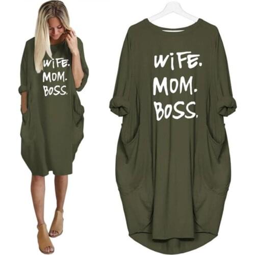 Fashion T-Shirt Dress For Women O-Neck Cotton Pocket Letters Print Top Punk Large Size S 5XL Pajamas For Women 2021 Autumn Dress