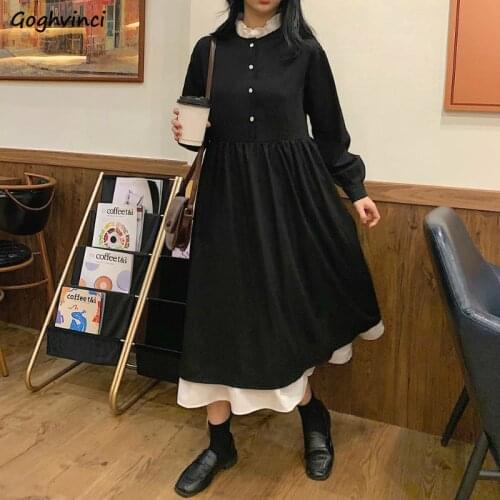 Long Sleeve Dress Women Patchwork Ruffles Casual Simple Maxi Dresses Womens Korean Style A-Line All-match Preppy Spring Fashion