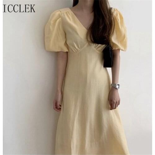 Korean Chic V-Neck Pleated Lantern Sleeve Midi Dress 2021 Summer Womens New Korean One-Piece Casual Dress Ladies Office Dresses