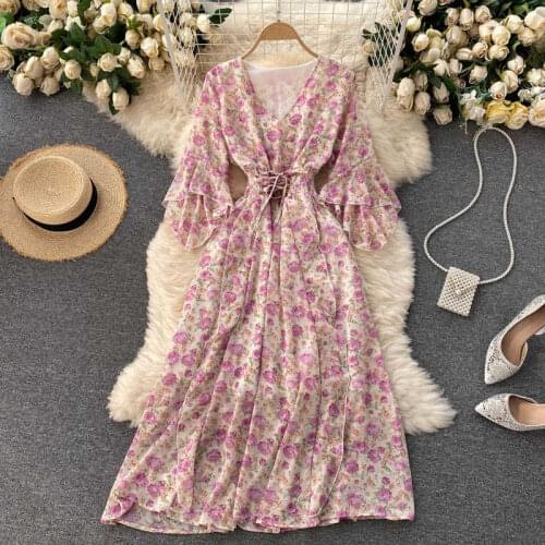 2021 Summer Womens Chic Floral Dresses Design New Flare Sleeve V-Neck Printed Bandage Dress Casual Loose Woman Vestidos