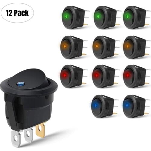 12pcs Car Truck Rocker Round Toggle LED Switch On-Off Control Blue Green Yellow Red