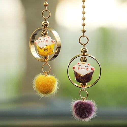 2 pcs/set Car Pendant Smiling Lucky Cartoon Cat Decoration Auto Interior Rearview Mirror Fur tassels Hanging Ornament Accessory