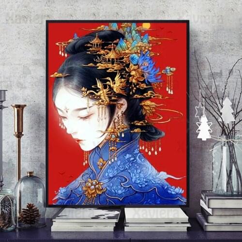 5D Diy Diamond Cross Stitch Chinese Woman Gold Headgear Full Diamond Painting Retro Square Diamond Embroidery Handmade Products