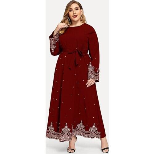 5XL Plus Size Muslim Abaya Dress Turkish Women Clothing Embroidery Beading Long Sleeve Dresses Maxi Robe Arabic Moroccan