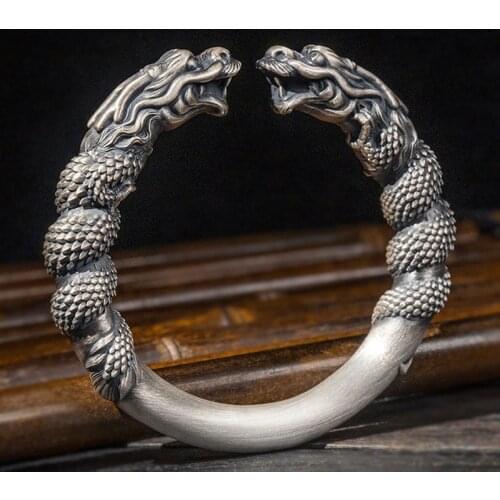 200g solid 999 sterling Silver Mens Heavy dragon handmade cuff bracelet bangle A5227