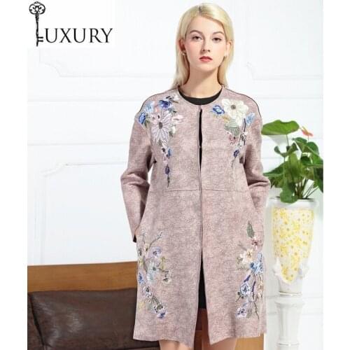 Quality Women Long Top Trench Autumn Winter Outerwear Ladies Suede Leather Embroidery Wide-waisted Coat Windbreaker