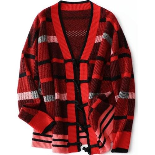 England Style Plaid Kimono Cardigan Sweater Women 100% Cashmere High Quality V-Neck Winter Autumn Warm Vintage Sweater