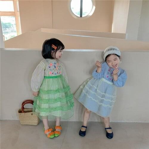 Korean Dress 2021 Autumn New Girls' Vintage Embroidery Gauze Fashion Childrens Plaid Dress Kids Clothes