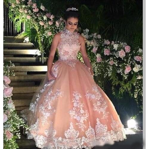 Sweet 16 Year Lace Champagne Quinceanera Dresses 2019 vestido debutante 15 anos Ball Gown High Neck Sheer Prom Dress For Party