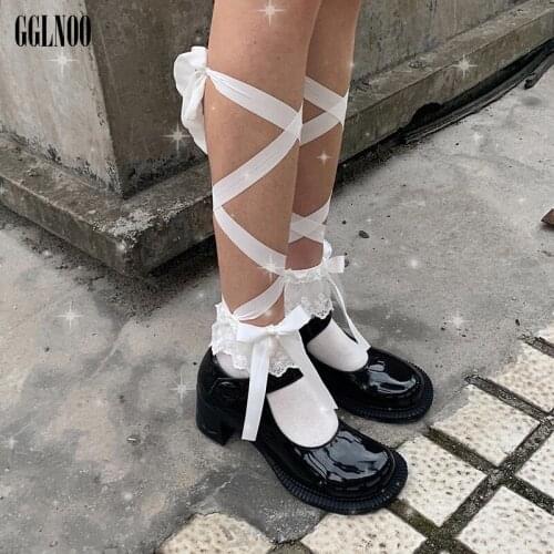 GGLNOO Harajuku Gothic Sweet Bow Lace Lolita Socks Sexy Hollow Out Lace-Up Ribbons Socks Women Girls