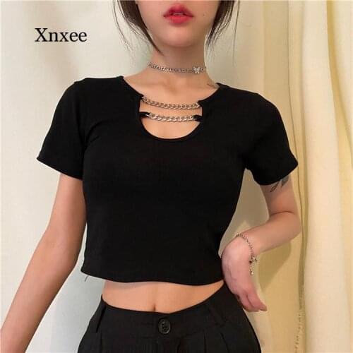 Summer Chain V Neck Solid Y2K Short Sleeve Tee Hollow Cute Punk Crop Top Bodycon T-Shirt t Women Sexy Harajuku Fashion Clothing