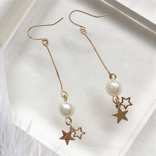 Hot Sale Simple Imitation Pearl Earrings Punk Hollow Star Metal Chain Tassel Long Earrings For Women Jewelry Brincos Wholesale