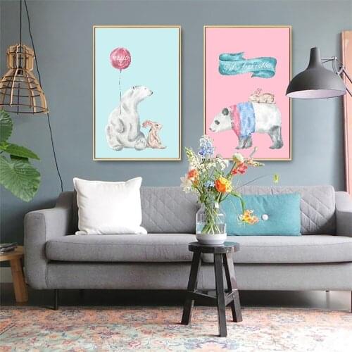 Cartoon Animal Canvas Painting Bear Rabbit Nursery Prints Poster Custom Wall Picture Nordic Baby Room Decoration