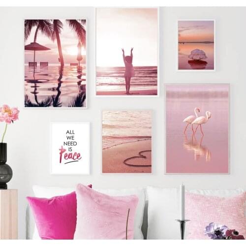 Wall Art Canvas Painting Pink Ocean Flamingo Beach Coconut Tree Nordic Posters And Prints Wall Pictures For Living Room Decor