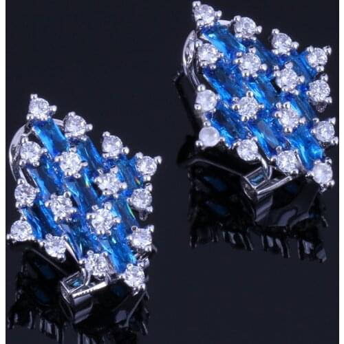 Very Good Quadrilateral Blue Cubic Zirconia White CZ Silver Plated Clip Hoop Huggie Earrings V0899