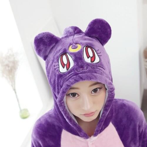 Adults Pajamas Women Flannel Sleepwear Unisex Cute Purple Moon Cat Cartoon Animal Pajama Set Hooded Pyjamas Kigurumi