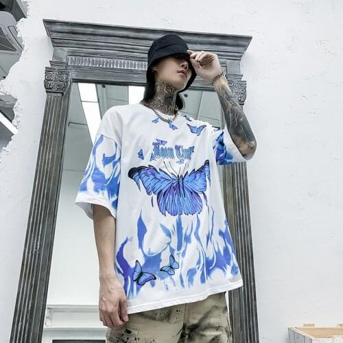 Casual BF Tops Tees Men T-shirts Hip Hop Tshirts Pullover Couple Wear Streetwear Loose T Shirt Top Print Butterfly Cotton Short