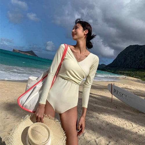 Long-Sleeved Cross-Beveled Folds Design High-Waisted One-Piece Conservative And Simple Korean Hot Spring Sexy Backless Swimwear