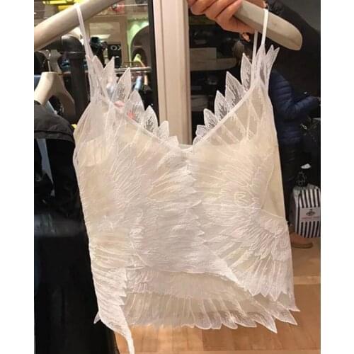 2021 summer vintage Embroidery sexy Organza lace camisole ladies flounced blouse