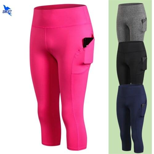 Women High Waist Capri Yoga Leggings with Pocket Stretchy Push Up Running Tights Quick Dry Workout Gym Fitness Cropped 3/4 Pants