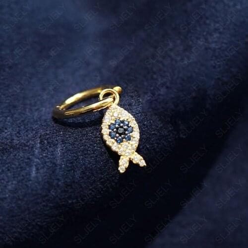 SLJELY Real 925 Sterling Silver Yellow Gold Color Mono Lucky Eye Cute Fish Earring Pave Cubic Zirconia 1PC Women Fine Jewelry