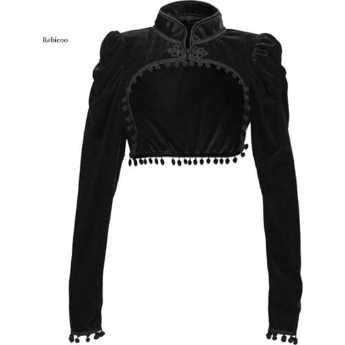 Black Velvet Short Steampunk Crop Jacket Stand Long Sleeve Autumn Women Gothic Bolero Victorian Coat Vintage Corset Accessories