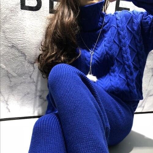 Womens autumn and winter cashmere turtleneck sweater suit womens fashion linen pattern knitted wide-leg pants two-piece tide