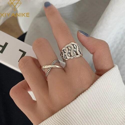 XIYANIKE 925 Sterling Silver Geometric Weave Cross Chain Ring Female Fashion Retro Creative Handmade Open Jewelry Accessories