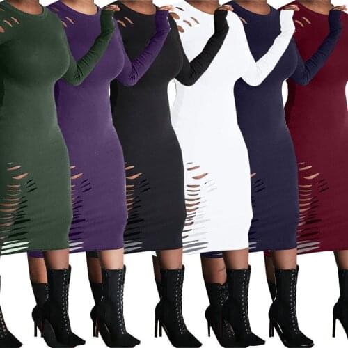 2021 Autumn Winter Dress for Women Fashion Punk Style Sheath Streetwear Solid Color Round Neck Long Sleeve Hole Pullover Dress