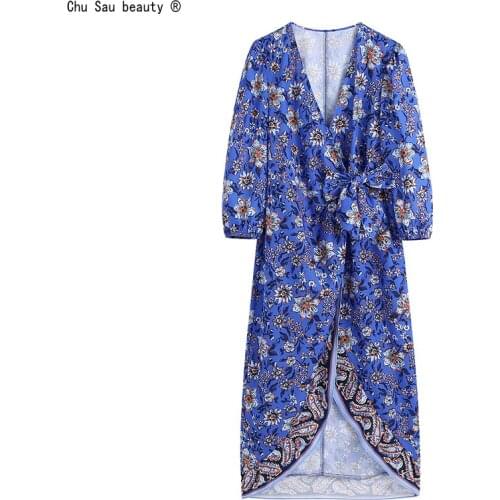 Autumn 2021 Chic New Vintage Flower Print Dress V-Neck Wrap-Up Lace-Up Women Dress Vestido Fashion Female