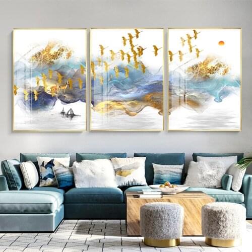 Golden Bird Abstract Mountain Landscape Map Canvas Painting Art Print Poster Picture Wall Nordic Decorative Picture Home Decor