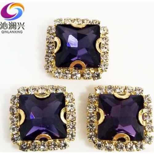 Golden bottom Deep purple square shape top Crystal glass buckle, sew on rhinestones use for Diy/jewelry accessories SQKG16