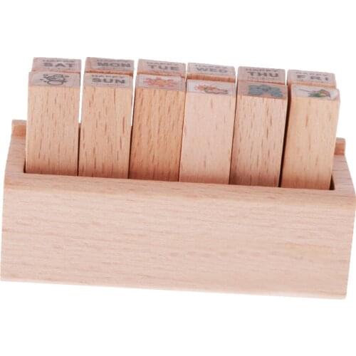 12pcs / Set Small Wooden Box Lovely Diary Pattern Stamp Writing DIY Alarm Clock