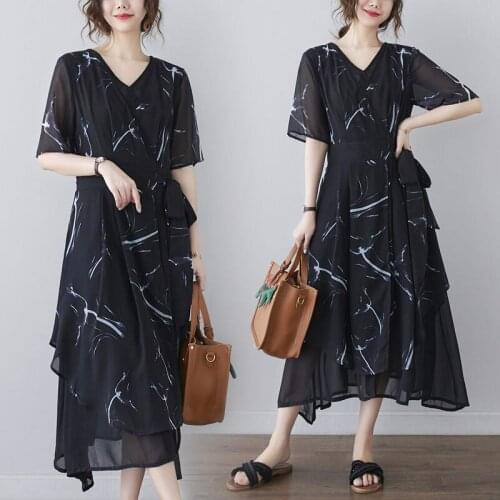 2021 Summer Plus Size Womens Loose Slimming Short Sleeve V-Neck Long Black Chiffon Print Dress Irregular Ladies Vestidos zh628