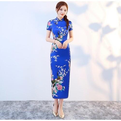 Long Style Smooth Satin Cheongsam Qipao for Women Chinese Traditional Tight Bodycon Dress Oriental Asian New Year Wedding Gown