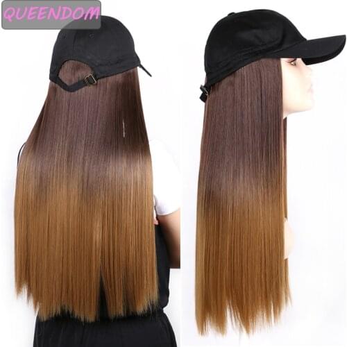 Ombre Long Synthetic Baseball Cap Hair Wig for Girl Natural Black/brown Straight Hair Wig Naturally Connect Hat Wigs Adjustable